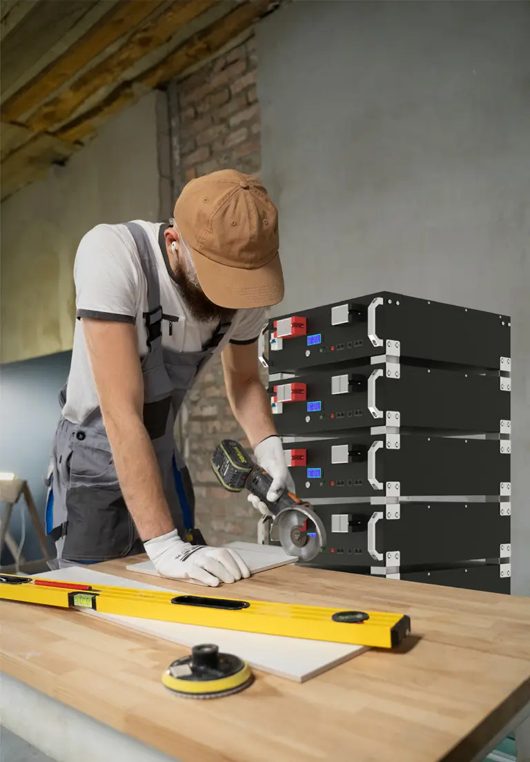 Image of woodworking workshop with electric instruments on shelves, joiner working at workbench, dried wooden materials on floor. Cabinet maker or artisan works in bright carpentry shop on new project